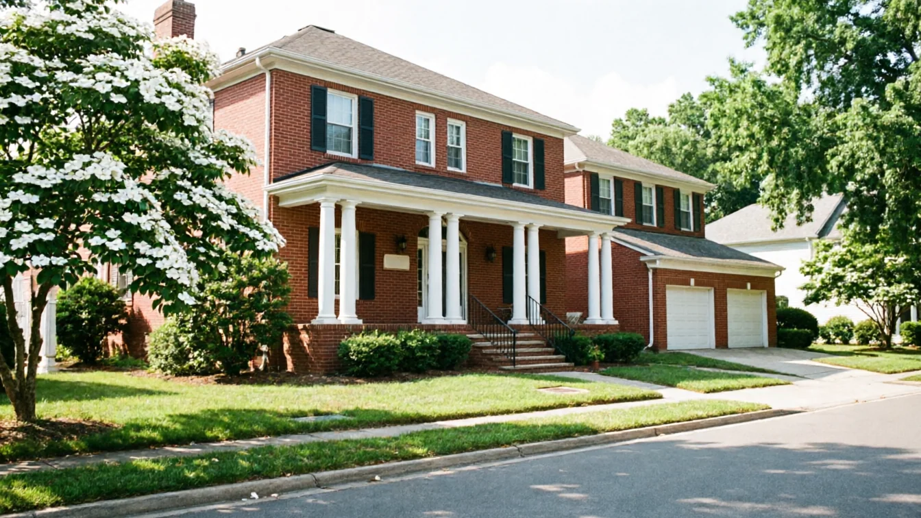 The house has a brick exterior, white columns, and two white garage doors.